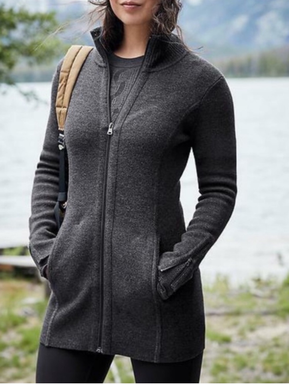 ATHLETA Chill Chaser Merino Wool Blend Sweater Coat in Charcoal Gray Small